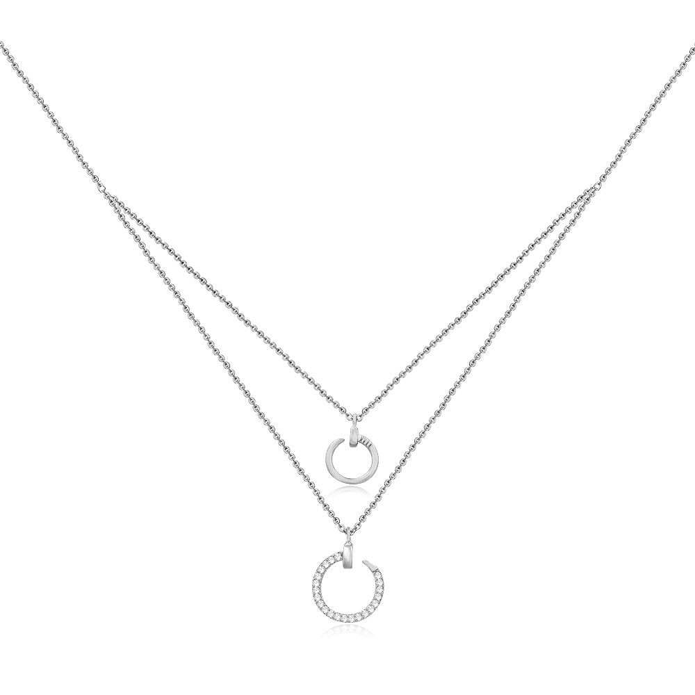 Wholesale Layered Necklace Circle Pendant in Rhodium